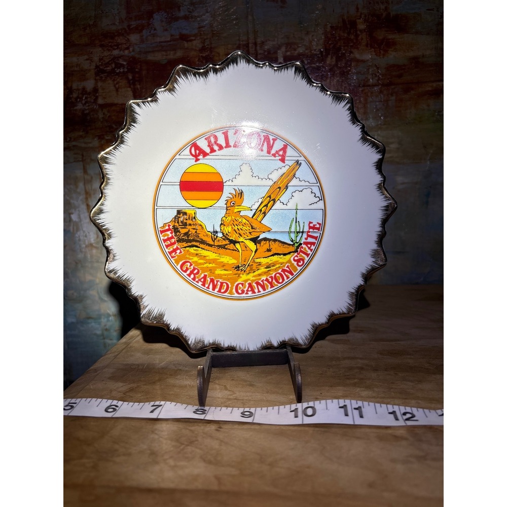Vintage Arizona Grand Canyon State Souvenir Plate Roadrunner Scalloped Gold Trim